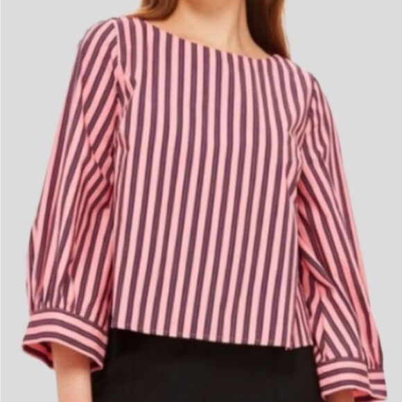 Topshop Pink Regimental Striped Balloon Sleeve Blouse Top US 4 NWOT - Picture 3 of 5